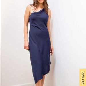 Lulus Asymmetrical Midi Dress in Satin Navy